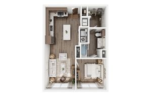 Modern 1-bedroom apartment floor plan featuring an open-concept kitchen and living area, spacious bathroom, and walk-in closet.