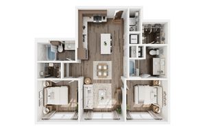 Modern 2-bedroom apartment floor plan with open kitchen, inviting living area, and elegant bathrooms.