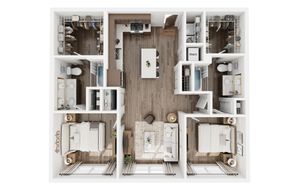 Elegant floor plan showcasing 3 bedrooms, a modern kitchen with island, open-concept living area, and ample closet space.
