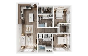 Elegant floor plan showcasing 3 bedrooms, modern kitchen with island, two bathrooms, and a cozy living area with contemporary design.