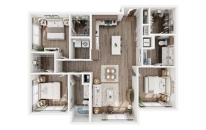 Modern 3D floor plan featuring 3 bedrooms, open-concept kitchen and living area, and two stylish bathrooms with luxury finishes.