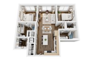 Chic 3D floor plan showcasing a modern three-bedroom apartment with an open-concept living and dining area, stylish kitchen, and two bathrooms.