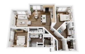 Bright and modern 3D floor plan showcasing 2 bedrooms, an inviting open-concept living area, and a sleek kitchen with island seating, perfect for entertaining.