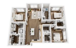 Contemporary 3-bedroom apartment floor plan showcasing a spacious layout with elegant wood flooring, open-concept living and dining areas, modern kitchen, and luxurious bathrooms.