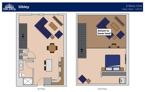 Chic 2-story floor plan featuring a spacious 1-bedroom, 1-bath unit with open-concept living and dining area, modern kitchen, and atrium access on the second level. Totaling 1,213 sq ft for comfortable living.
