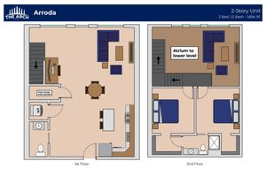 The Arch Arroda 2-story unit floor plan with 2 bedrooms, spacious living area, and kitchen. Features closet storage and atrium, ideal for modern living, 1.5 baths, 1,694 sq ft.