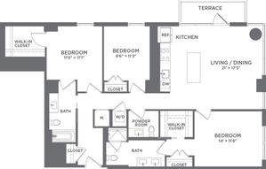 Modern floor plan highlighting 3 bedrooms, spacious living and dining area, and convenient kitchen access to terrace.