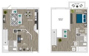 Modern dual-level apartment floor plan with open-concept living space, kitchen, and den on the first floor; bedroom with walk-in closet and private balcony on the second floor.