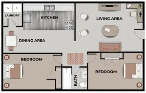 Two-bedroom, one-bathroom apartment floor plan with labeled areas for Laundry, Kitchen, Dining Area, Living Area, two Bedrooms, and a shared Bath. The layout includes modern furniture and appliances, showcasing a comfortable and functional design.