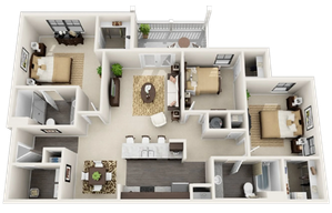 Inviting apartment floor plan showcasing 3 bedrooms, a modern kitchen with island, elegant living area, and private balcony.