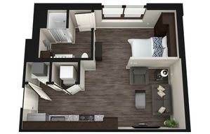 Modern 1-bedroom floor plan with stylish living area, compact kitchen, and elegant bathroom layout.