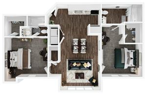 Modern floor plan showcasing 2 bedrooms, elegant living area, and chic kitchen with hardwood flooring.