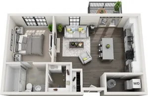 Modern 1-bedroom apartment floor plan with a cozy living area, gourmet kitchen, and private balcony.
