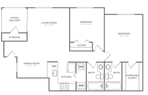 Floor plan map for a two bedroom apartment at Avana Palm Beach Gardens rental community near Juno Beach with labeled rooms.