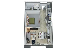 Modern 3D floor plan featuring a cozy bedroom, chic open-plan living and dining area, and a sleek kitchen layout.
