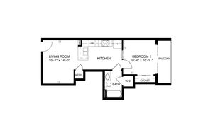 Modern apartment floor plan with one bedroom, spacious living room, kitchen, and balcony.