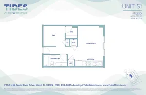 Unit S1 studio floor plan at Tides, River Rapids features a spacious living area, modern kitchen, den, bathroom, and convenient walk-in closet in Miami.