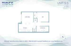 Modern studio floor plan at Tides at River Rapids, featuring a spacious living area, kitchen, den, and bathroom within 530 sq ft.