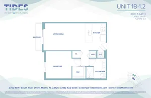 Contemporary 1-bedroom floor plan at Tides at River Rapids featuring a spacious living area, modern kitchen, and private balcony, covering 720 sq ft.