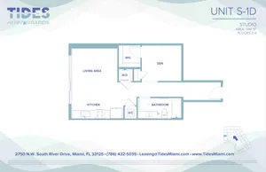 Modern studio floor plan at Tides at River Rapids featuring an open living area, spacious kitchen, den, and bathroom with 598 sq ft of space in Miami.