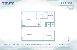 Tides at River Rapids Unit 1B-1.3 floor plan showcasing a modern 1 bedroom, 1 bathroom layout with a spacious living area, stylish kitchen, and convenient W/D setup in 734 sq ft.