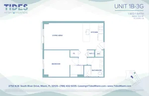 Tides at River Rapids unit 1B-3G floor plan showcasing 1 bedroom, 1 bathroom, spacious living area, and modern kitchen in a 700 sq ft layout.