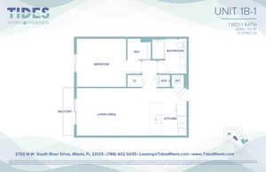 Tides at River Rapids Unit 1B-1 floor plan showcasing a spacious 1 bedroom, 1 bathroom layout. Features include a walk-in closet, functional kitchen, open-concept living area, and a charming balcony, perfect for enjoying Miami views. Total area is 725 sq ft.