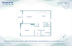 Modern floor plan of Unit 1B-3 at Tides at River Rapids, featuring 1 bedroom, an open-concept living area, kitchen, and a private balcony. Compact 678 sq ft layout with convenient amenities like a walk-in closet and washer/dryer.