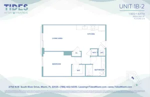 Tides at River Rapids Unit 1B-2 floor plan with 1 bedroom, a spacious living area, modern kitchen, and bathroom. Includes walk-in closet and laundry. Ideal 692 sq ft layout for comfortable living in Miami, FL.