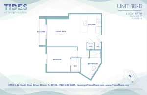 Modern 1-bedroom floor plan at Tides at River Rapids featuring a spacious living area, a sleek kitchen, and a private balcony in Miami, 697 sq ft.