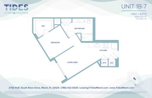 Innovative Unit 1B-7 floor plan at Tides at River Rapids featuring 1 bedroom, well-appointed bathroom, modern kitchen, and cozy living area in 672 sq ft.