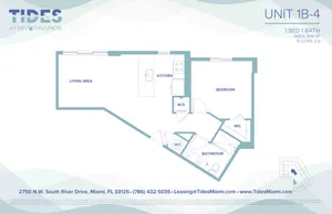 Modern Miami floor plan, Tides at River Rapids, featuring 1 bedroom, 1 bath, open living area, and kitchen in a spacious 694 sq ft layout.