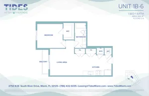 Modern floor plan for Tides at River Rapids, Unit 1B-6, featuring 1 bedroom, 1 bath, a spacious living area, kitchen, and balcony, in 663 sq ft.