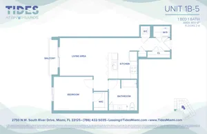 Modern 2D floor plan of Tides at River Rapids Unit 1B-5, featuring 1 spacious bedroom, 1 bath, open living area, kitchen and private balcony in an 800 sq ft layout.
