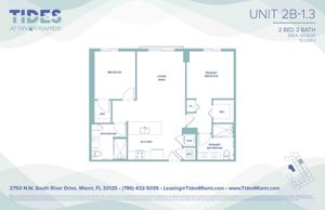 Modern floor plan of Tides at River Rapids, Unit 2B-1.3, featuring 2 bedrooms, 2 bathrooms, a spacious living area, and a contemporary kitchen. Total area of 1,008 square feet in Miami.