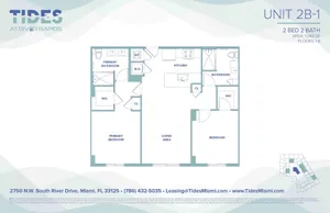 Modern floor plan for Unit 2B-1 at Tides at River Rapids, featuring 2 bedrooms, spacious living area, kitchen, and 2 bathrooms, totaling 1,044 sq ft in Miami.