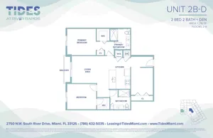 Chic 2-bedroom, 2-bathroom floor plan with den at Tides at River Rapids, featuring a spacious living area, modern kitchen, primary suite, and private balcony. 1,216 sq ft in Miami.
