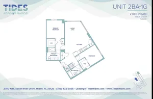 Tides at River Rapids 2-bedroom, 2-bathroom floor plan with spacious living area and modern kitchen. Offers a primary suite with en-suite bathroom and walk-in closet, ideal for comfortable living in Miami.