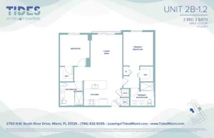Tides at River Rapids Unit 2B-1.2 floor plan showcasing 2 bedrooms, 2 bathrooms, a spacious living area, and modern kitchen, in a 1,020 sq ft layout.