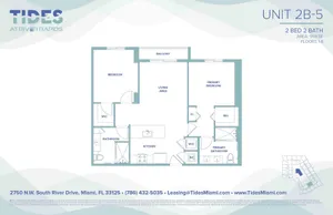 Modern 2-bedroom, 2-bathroom unit floor plan at Tides at River Rapids with open living area, balcony, and walk-in closets in Miami.