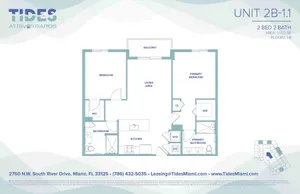 Modern Unit 2B-1.1 floor plan with 2 bedrooms, 2 bathrooms, spacious living area, and inviting balcony, covering 1,022 sq ft at Tides at River Rapids, Miami.
