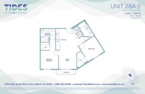 Tides at River Rapids floor plan for Unit 2BA-2, featuring 2 bedrooms, 2 bathrooms, spacious living area, and balcony, covering 916 sq ft in Miami.