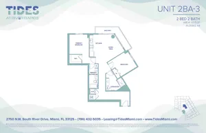 Modern 2-bedroom, 2-bath floor plan at Tides at River Rapids featuring a spacious living area, kitchen, and private balcony.