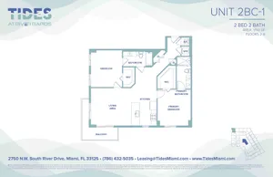 Tides at River Rapids Unit 2BC-1 floor plan showcasing 2 bedrooms, 2 bathrooms, spacious living area, modern kitchen, and balcony in Miami, 1150 sq ft.