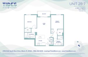 Modern floor plan of Unit 2B-7 at Tides at River Rapids featuring 2 bedrooms, 2 bathrooms, and a spacious living area with a balcony in Miami, 958 sq ft.