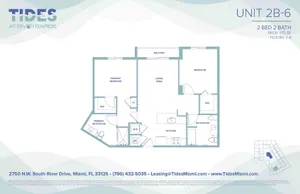 Elegant floor plan for Unit 2B-6 featuring 2 bedrooms, 2 bathrooms, a spacious living area, and a private balcony at Tides at River Rapids.