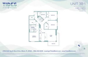 Tides at River Rapids floor plan for Unit 3B-1, featuring 3 bedrooms, 2 bathrooms, a spacious living area, a modern kitchen, and a balcony, spanning 1,258 sq ft.