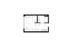 Compact studio apartment floor plan featuring a cozy sleeping area, efficient kitchenette, and modern bathroom layout.