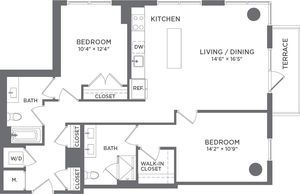 Modern apartment floor plan showcasing two spacious bedrooms, a sleek kitchen, and an open living/dining area with access to a cozy terrace.