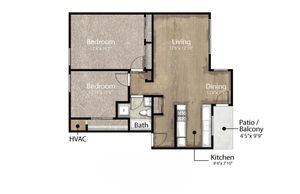 2-bedroom floor plan with living/dining area, kitchen, bath, and balcony.